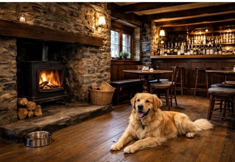 Dog-friendly pub Wales interior with dog by fireplace and traditional stone floors