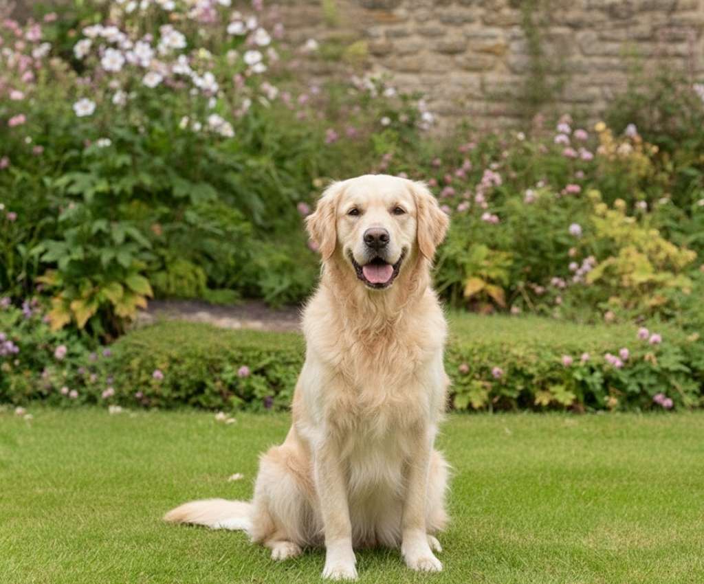 Buster, a Golden Retriever, standing near the water as the Beach Expert.