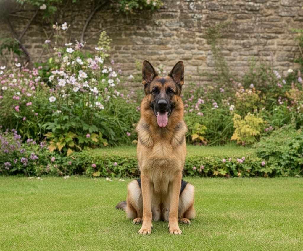 Charlie, a German Shepherd and the Pack Leader, smiling.