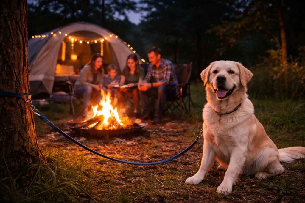 Dog safely enjoying campfire evening at campsite demonstrating responsible outdoor camping with pets