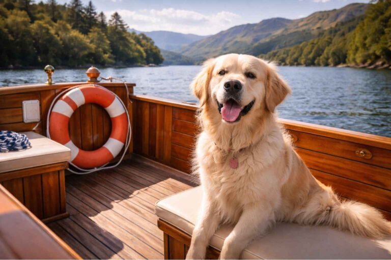 Dog enjoying boat cruise on Lake Windermere with mountain backdrop