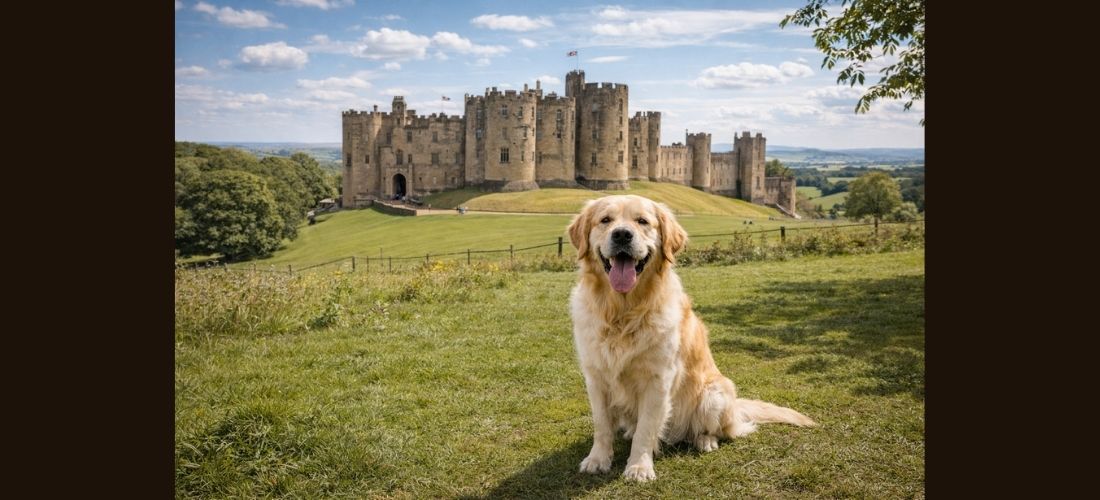 Happy dog sitting in front of a historic castle on a sunny day out in the UK countryside