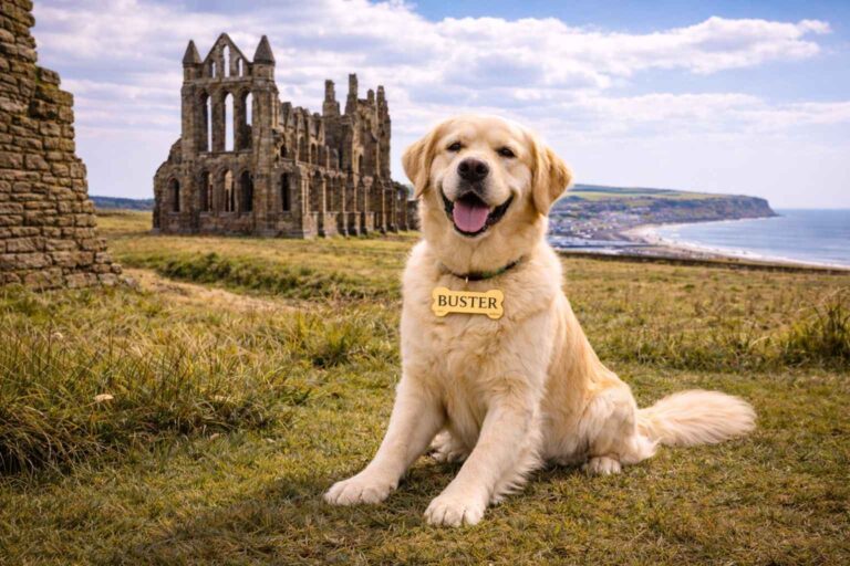Golden retriever at the ruins of Whitby Abbey overlooking the Yorkshire coast