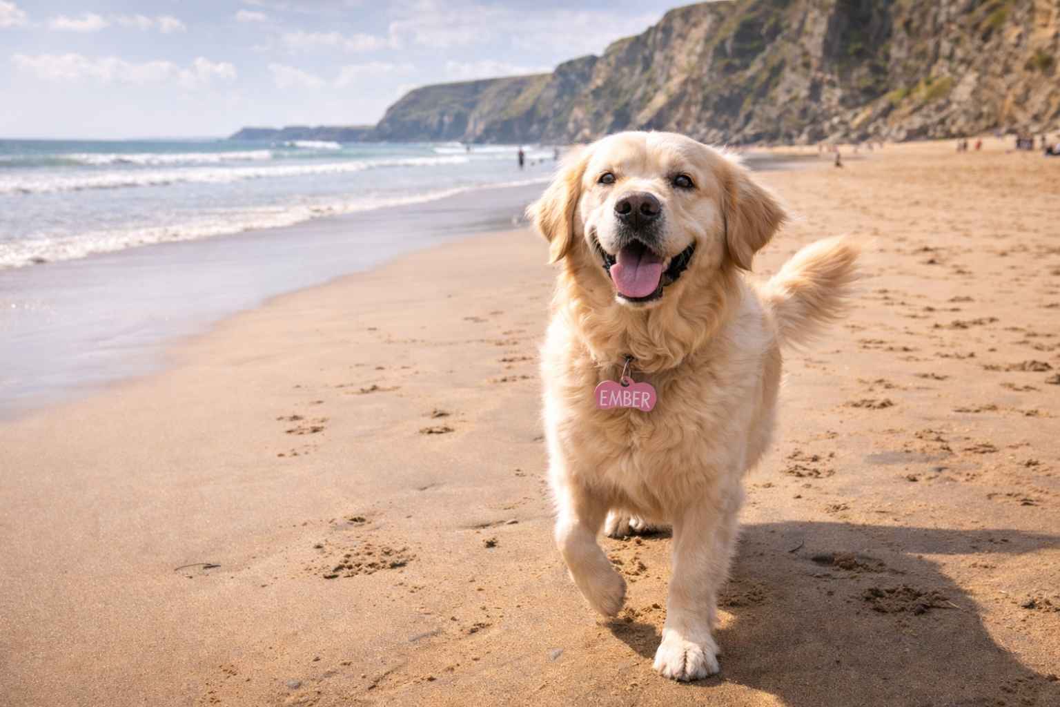 Happy dog running on golden sand at Watergate Bay Cornwall