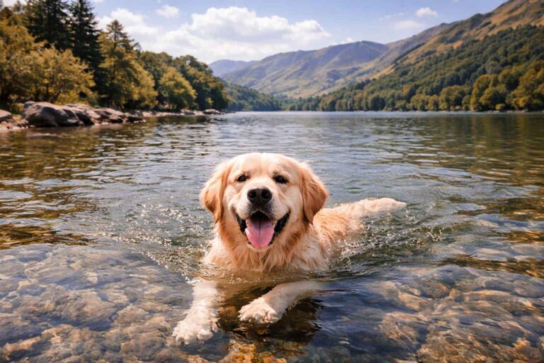 Golden Retriever swimming in clear Lake District water with mountains in background