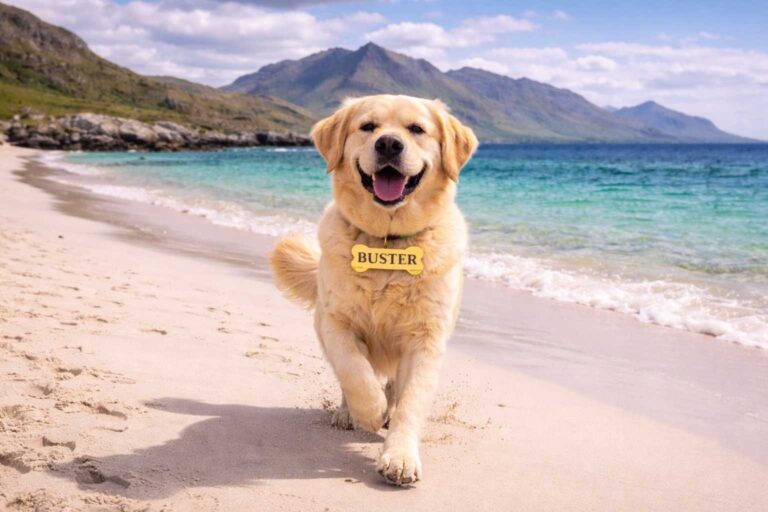 Golden retriever running on white sand Scottish beach with turquoise water and mountains