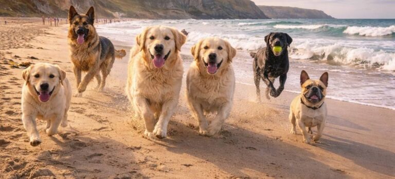 Dogs enjoying a run on a dog-friendly beach in the UK