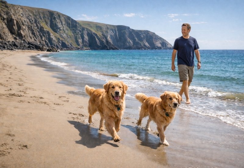 Two dogs running on empty Welsh beach with dramatic cliffs and clear blue water
