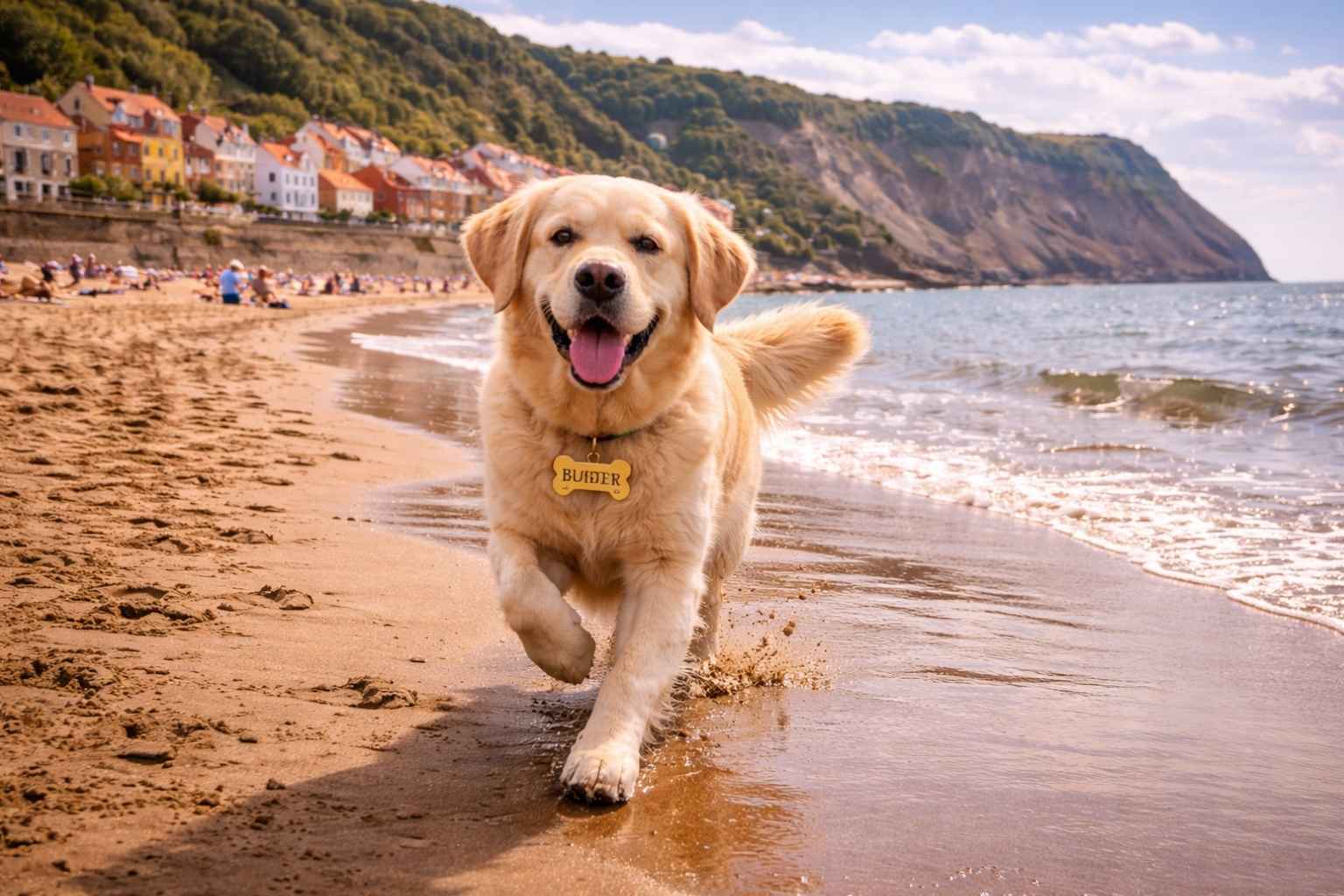 Golden retriever running on the sandy beach at Runswick Bay on the Yorkshire coast