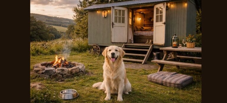 Golden Retriever sitting happily outside a shepherd's hut glamping accommodation with countryside views in the background