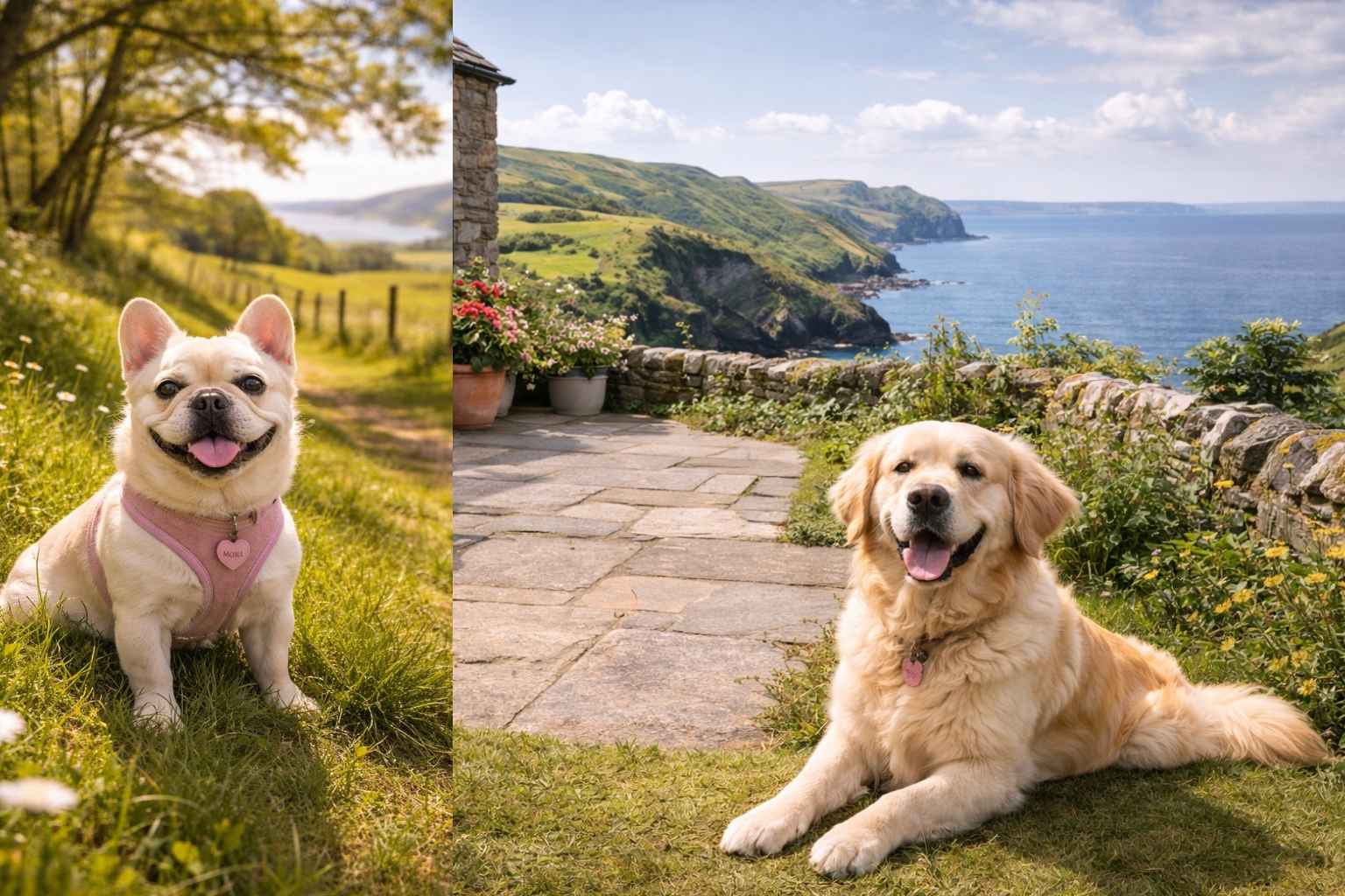 Golden Retriever relaxing outside stone cottage with Cornish coastal views