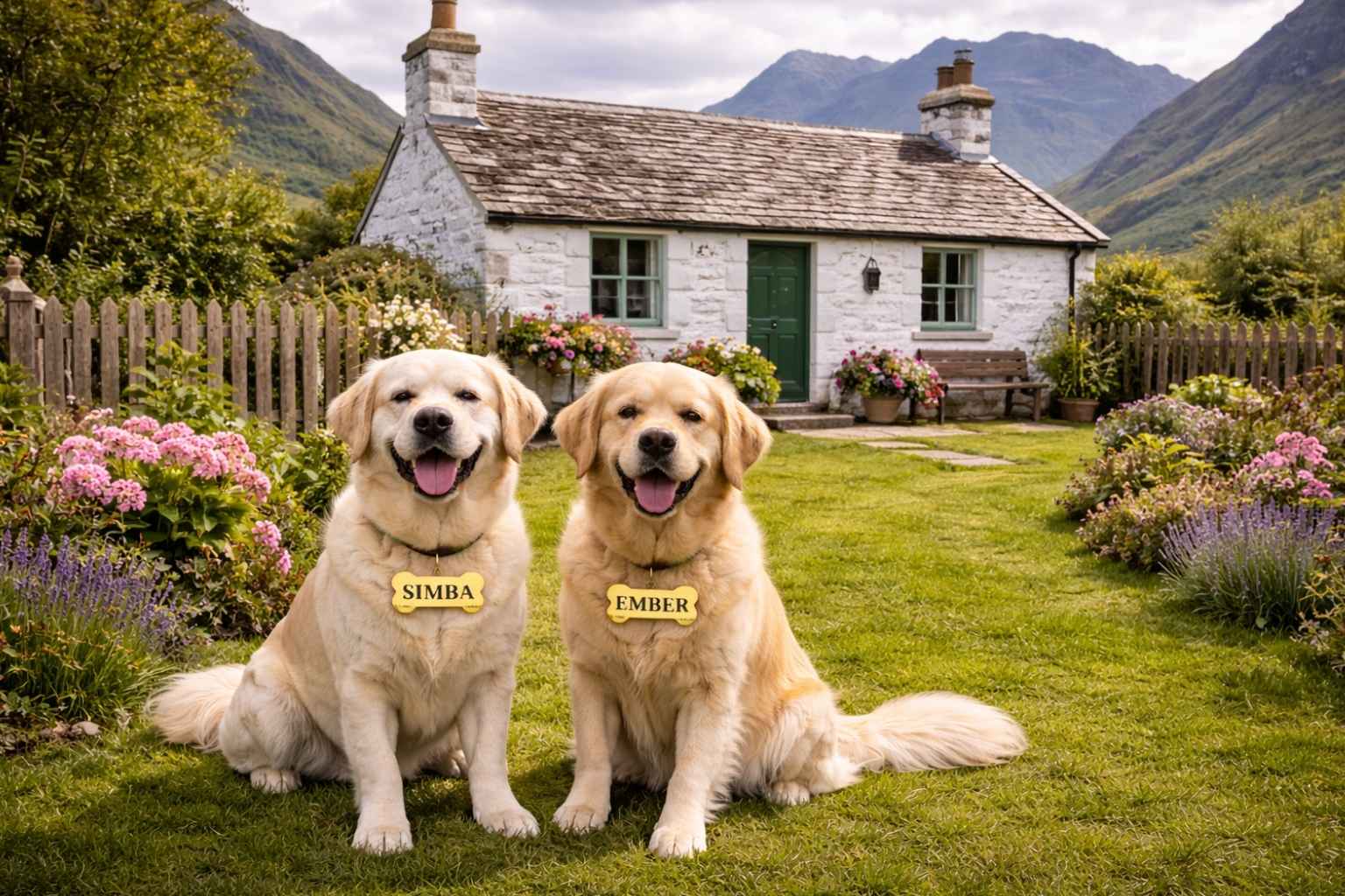 Traditional Scottish cottage with enclosed garden and Highland mountain backdrop