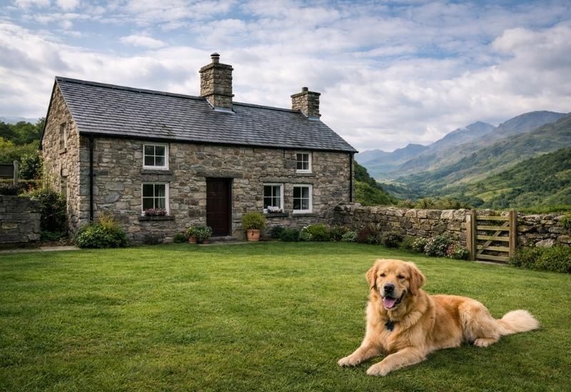 Stone Welsh cottage with enclosed garden, dog relaxing on lawn with mountain views behind