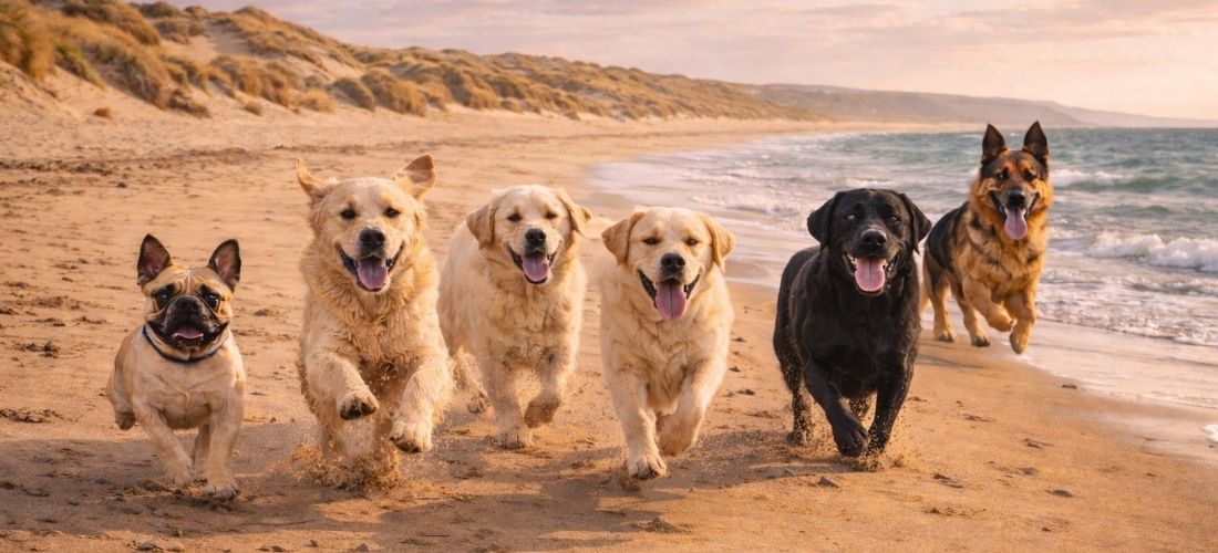 Dog running on the golden sands of Saunton Sands beach in North Devon with dunes in the background