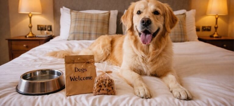 Golden Retriever relaxing on a comfortable bed in a dog-friendly hotel room with welcome treats and dog bowl visible