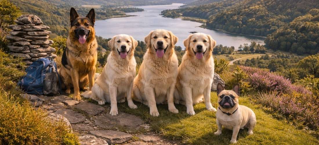 Dogs enjoying a walk in the Lake District with stunning lake and mountain views