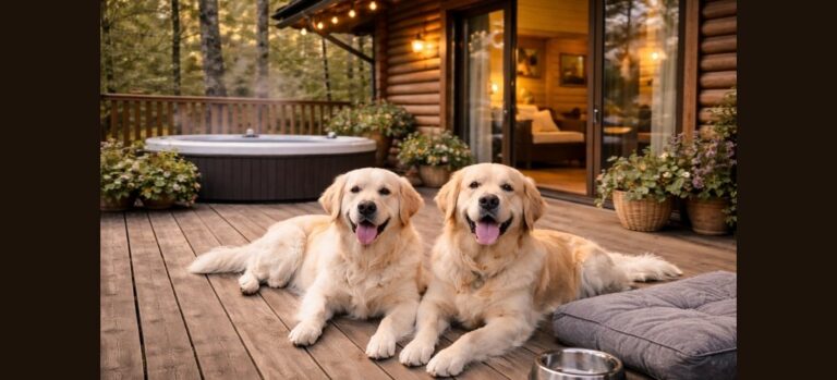 Dog relaxing on the decking of a wooden lodge surrounded by forest with a hot tub in the background