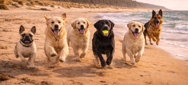 Dog running on the golden sands of Holkham Beach in Norfolk with pine trees in the background