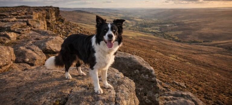 Border Collie standing on gritstone rocks at Stanage Edge in the Peak District with moorland views stretching into the distance