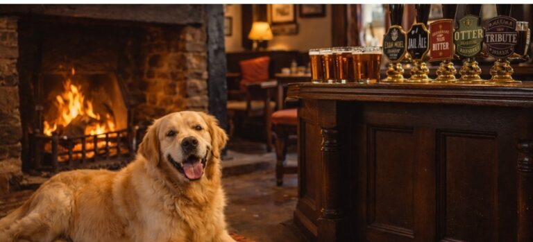 Golden Retriever lying by a roaring fire inside a traditional British pub with wooden beams and real ale pumps