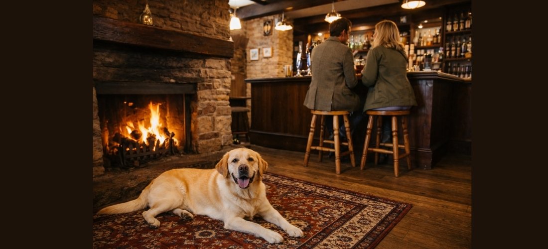 Cosy dog-friendly pub interior with a Labrador resting by the fireplace while owners enjoy drinks at the bar