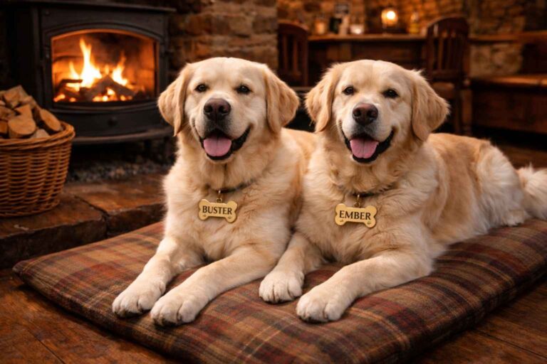 Golden retriever relaxing by the fire in a traditional Cornish pub
