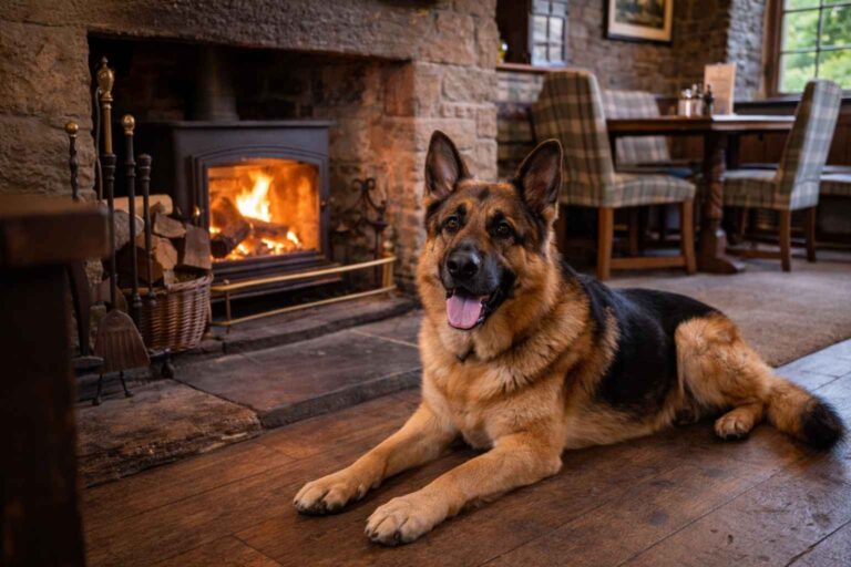 Happy dog lying by fireplace in traditional Lake District pub