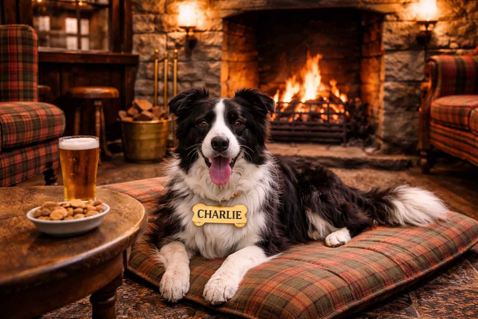Border collie resting by open fire in traditional Scottish pub with wooden beams