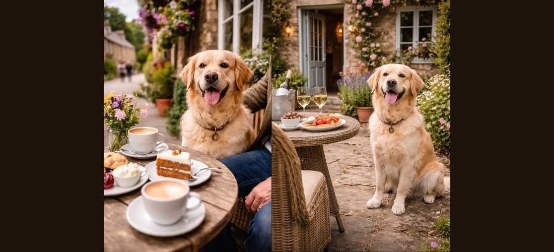 Happy dog sitting beside owner at outdoor cafe table with coffee and cake in a British village setting