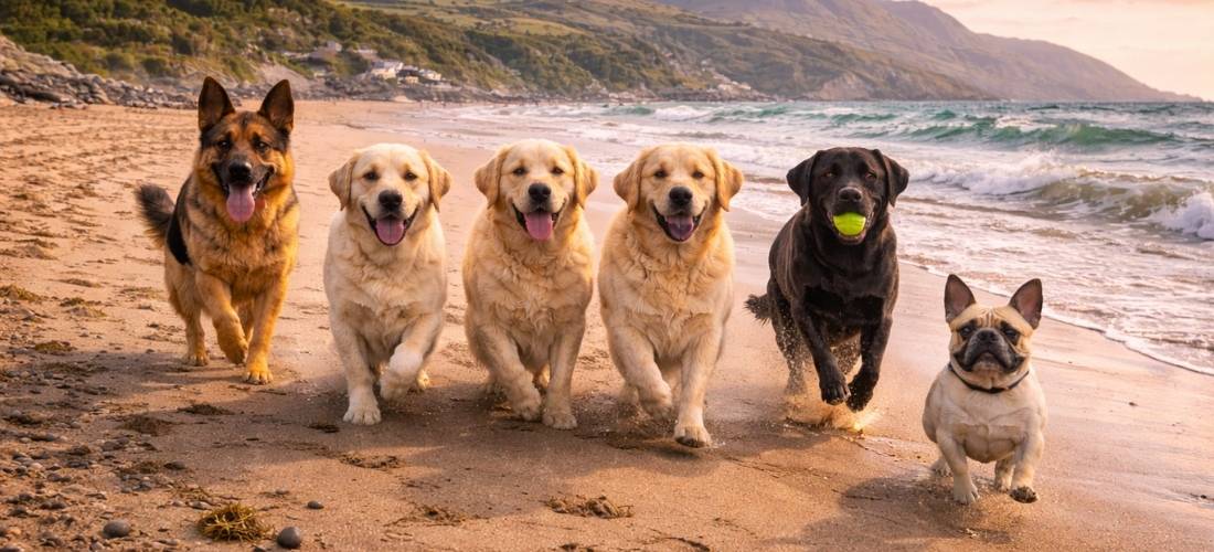 Dog running on a sandy Welsh beach with Snowdonia mountains in the background