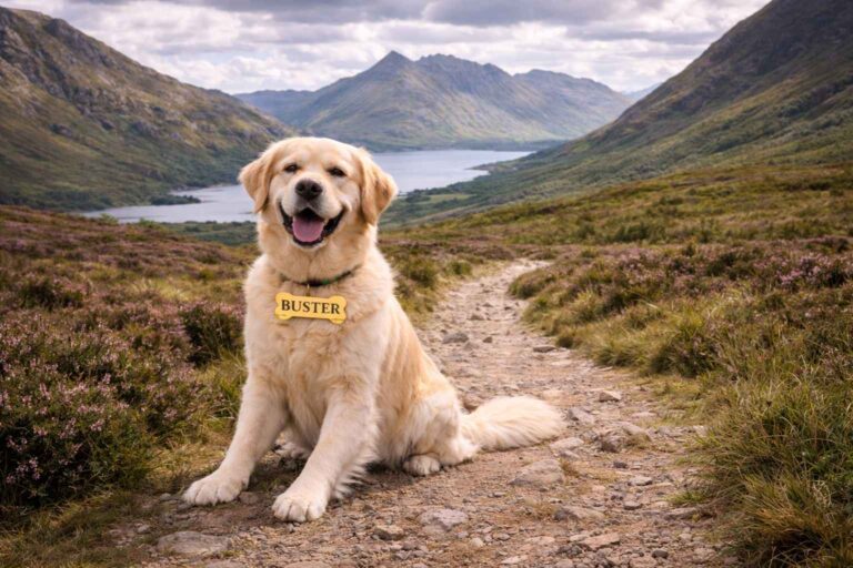 Golden retriever on a Highland trail with mountain and loch views in the Scottish Highlands