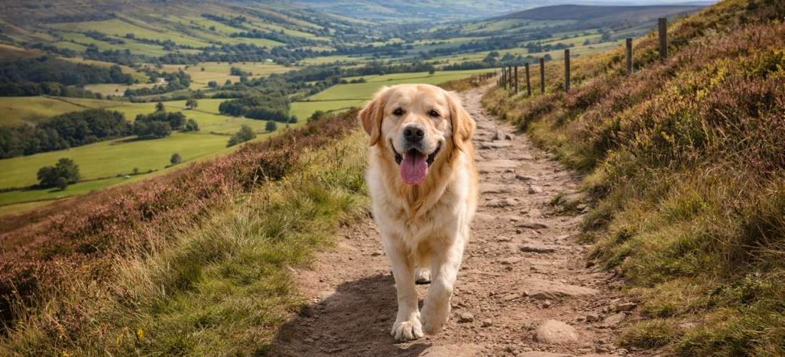 Happy dog walking along a scenic countryside trail with rolling hills and blue sky in the background
