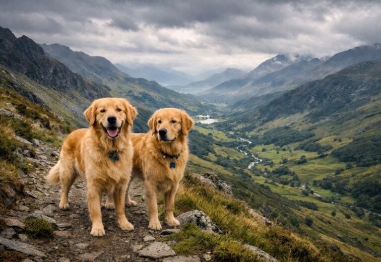 Golden Retriever on mountain path with dramatic Welsh valley and peaks in background