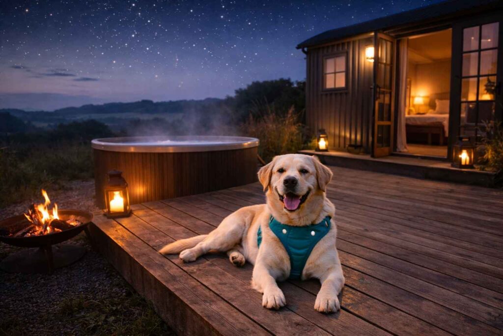 Dog relaxing near glamping accommodation with hot tub at dusk demonstrating luxury outdoor dog-friendly holidays