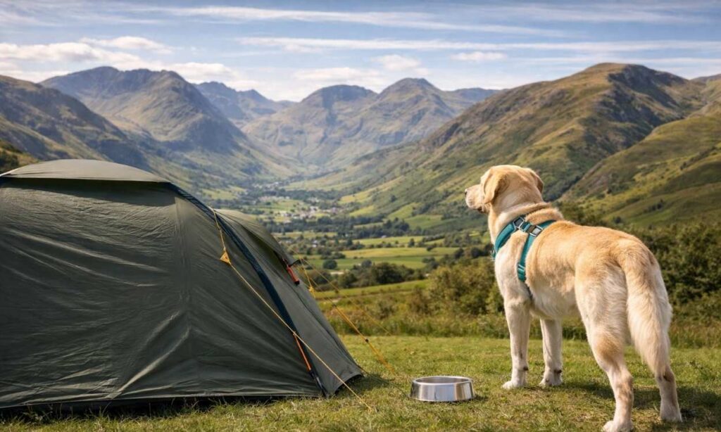 Dog at Lake District campsite with mountain and fell views demonstrating perfect UK camping destination for dogs