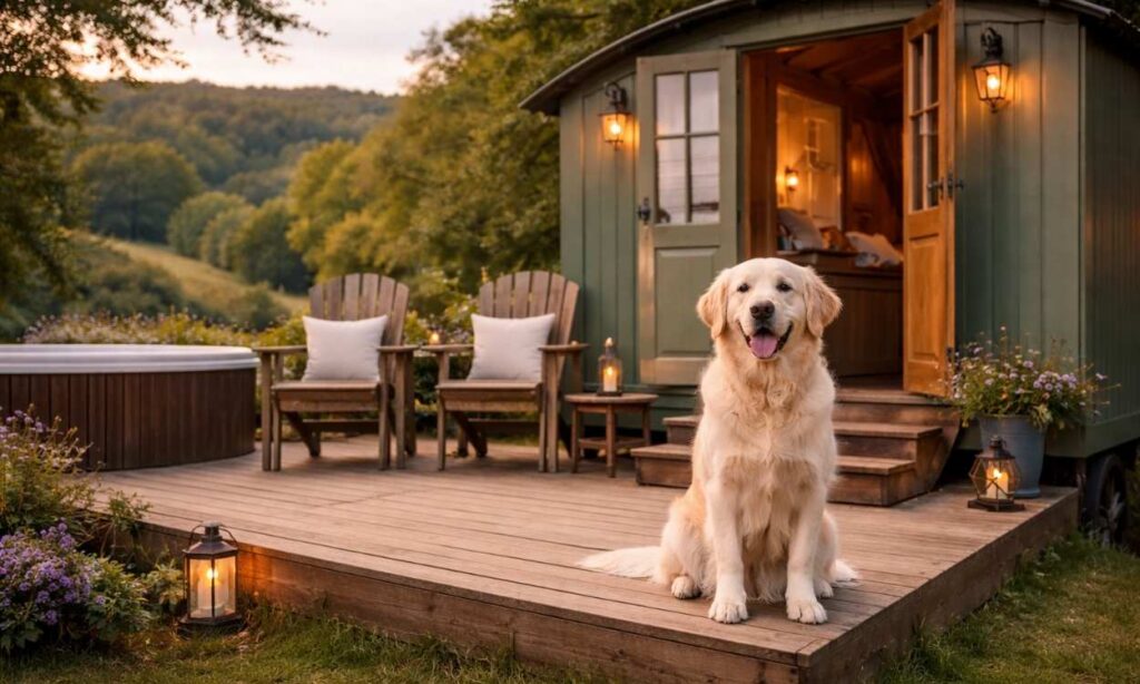 Dog sitting on deck of shepherd's hut glamping accommodation in countryside demonstrating luxury outdoor dog-friendly travel