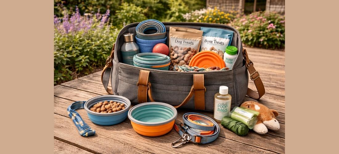 Dog travel bag packed with essentials including bowls, leads, toys and treats ready for a UK holiday
