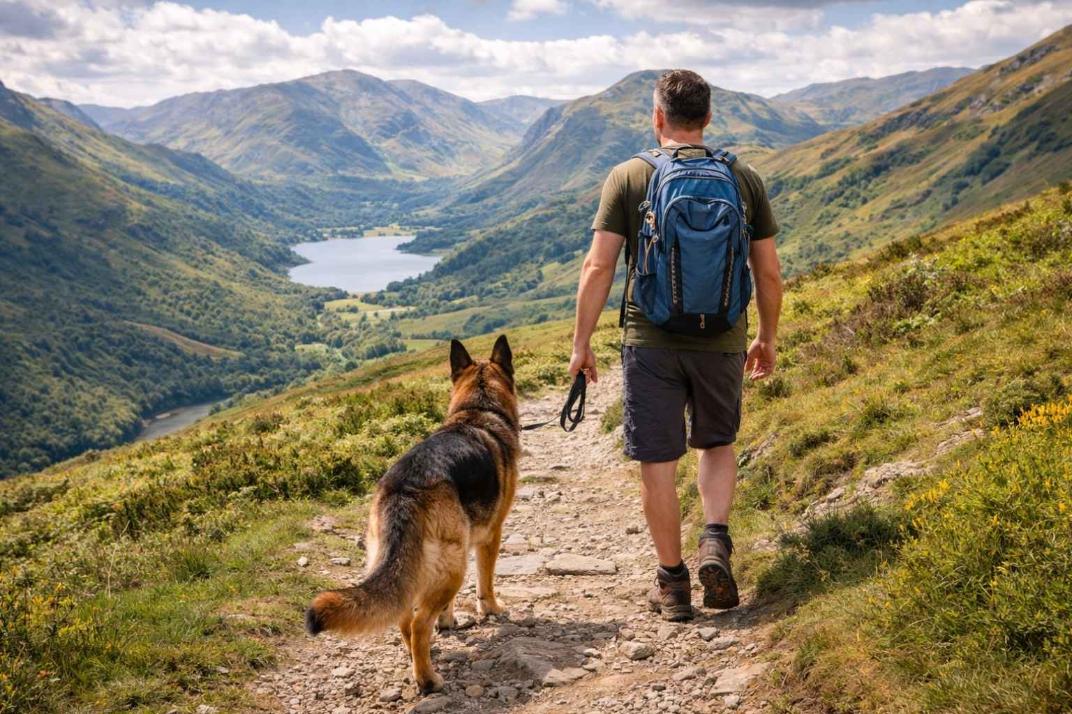 Dog and owner walking on fell path with Lake District mountains in background