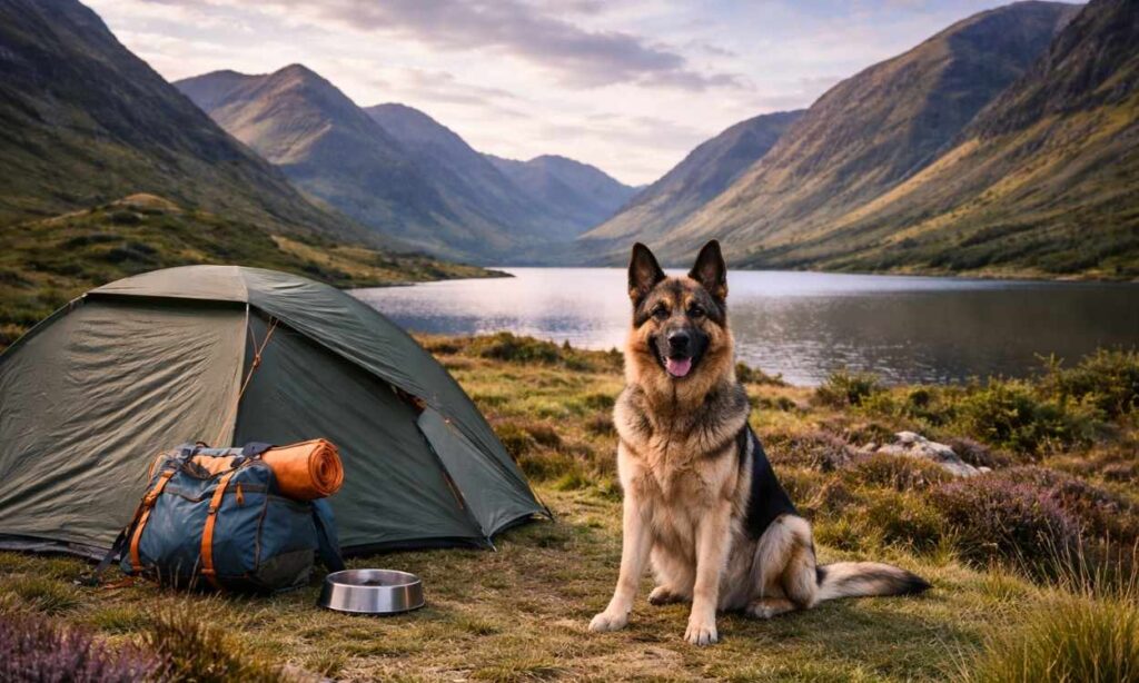 Dog at wild camping spot in Scottish Highlands with loch and mountains demonstrating Scotland's spectacular camping landscapes