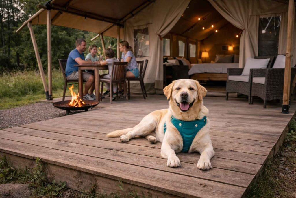 Dog relaxing on safari tent veranda with family demonstrating spacious glamping accommodation for families with dogs
