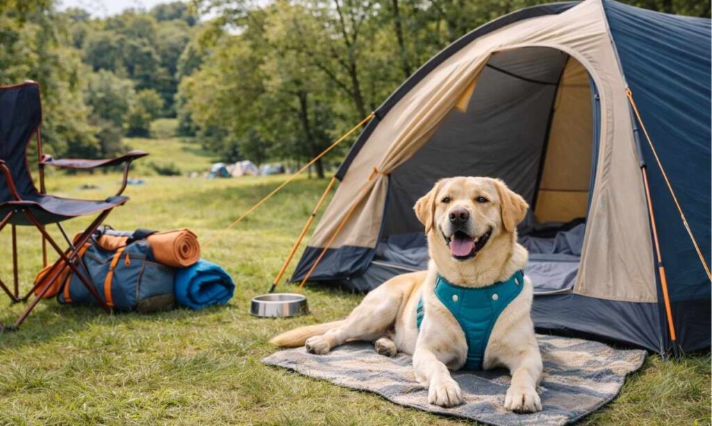 Happy dog relaxing at campsite next to tent demonstrating perfect outdoor camping lifestyle for dogs
