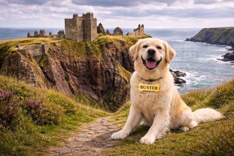 Golden retriever sitting in front of Scottish castle ruins with dramatic Highland scenery