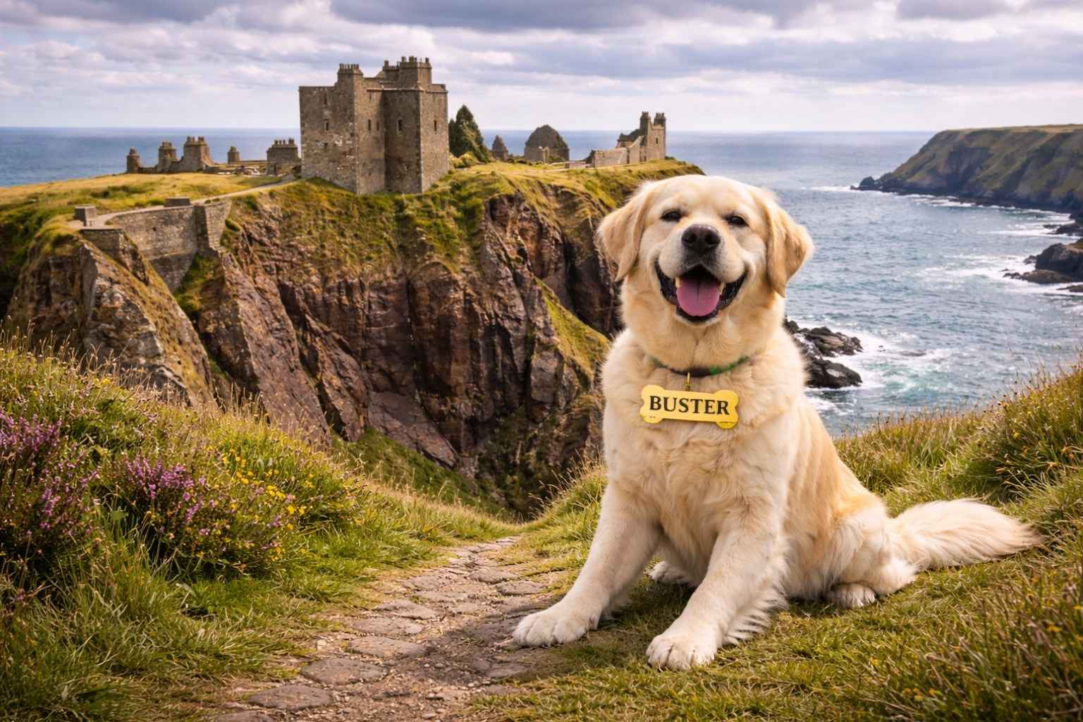 Golden retriever sitting in front of Scottish castle ruins with dramatic Highland scenery