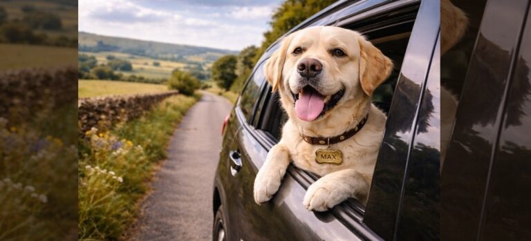 Happy dog looking out of car window during a road trip through the British countryside