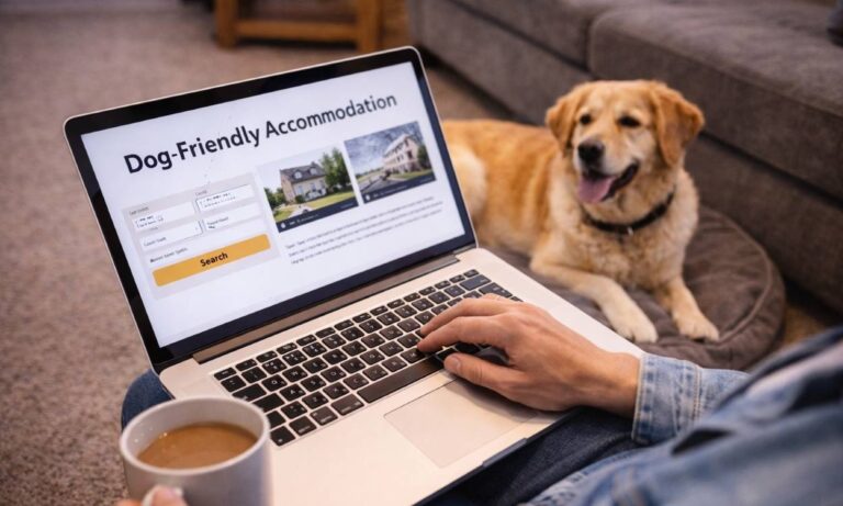 Booking dog-friendly accommodation research laptop planning holiday dog