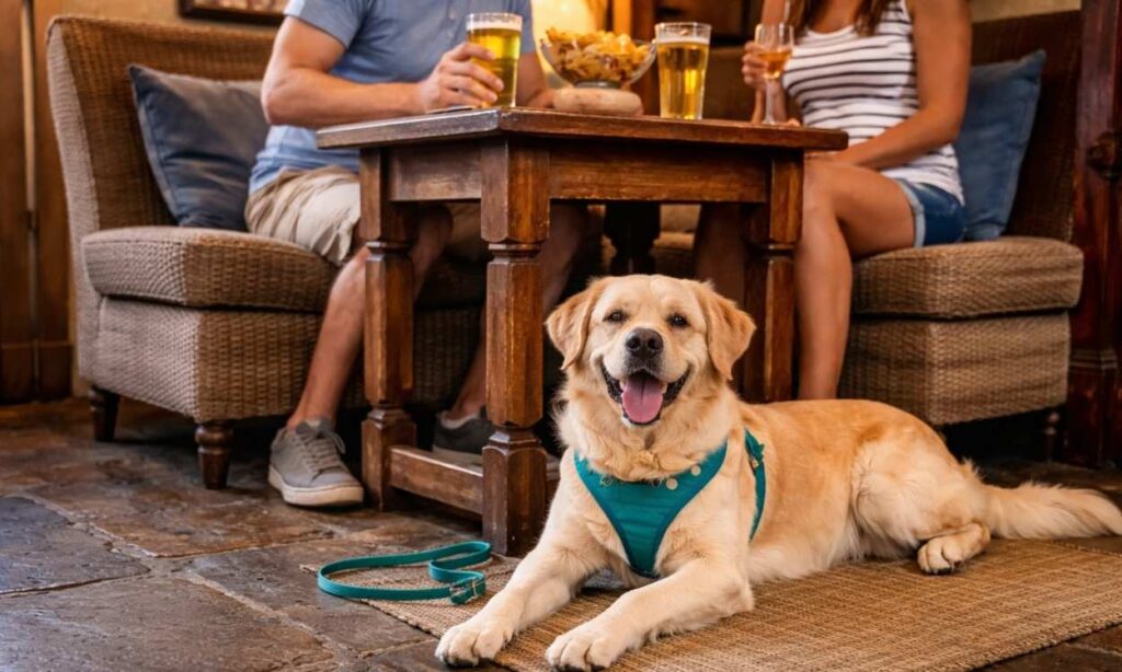 Calm dog demonstrating good etiquette lying next to owners at dog-friendly pub