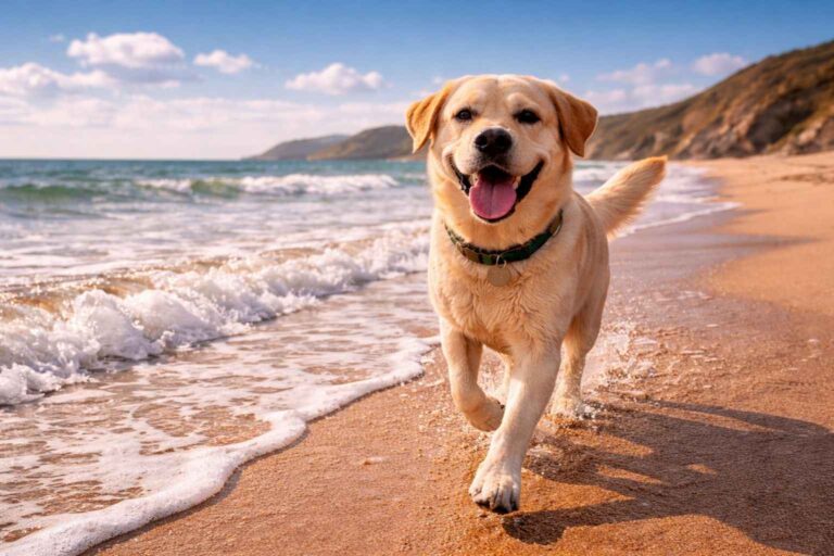 Dog-friendly beach holiday UK sandy beach running surf happy dog coastal