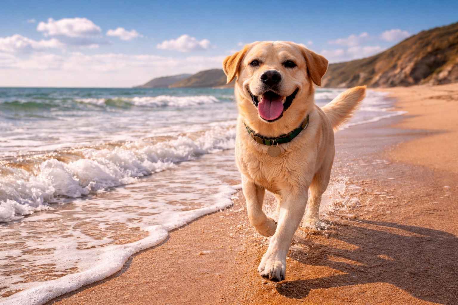 Dog-friendly beach holiday UK sandy beach running surf happy dog coastal