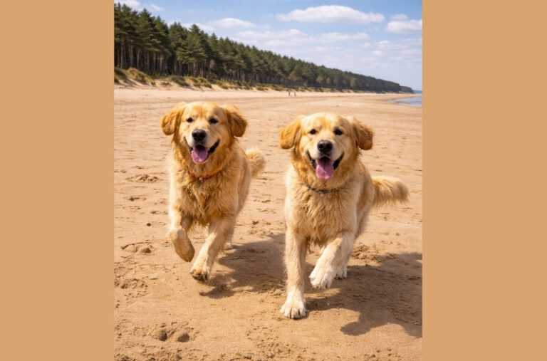 Dogs running on Holkham Beach Norfolk year-round dog-friendly