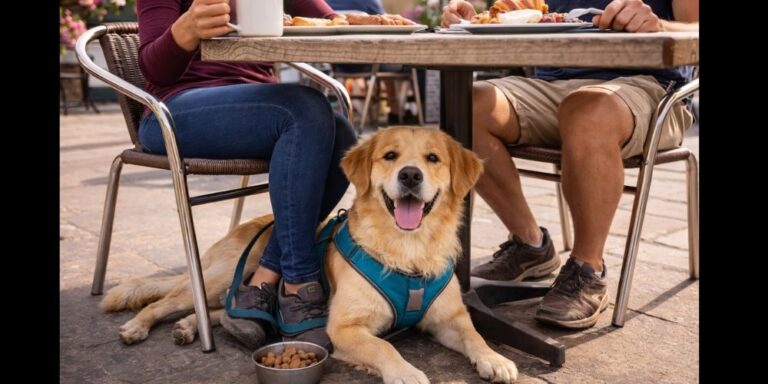Dog-friendly cafe UK outdoor dining dog under table relaxed restaurant